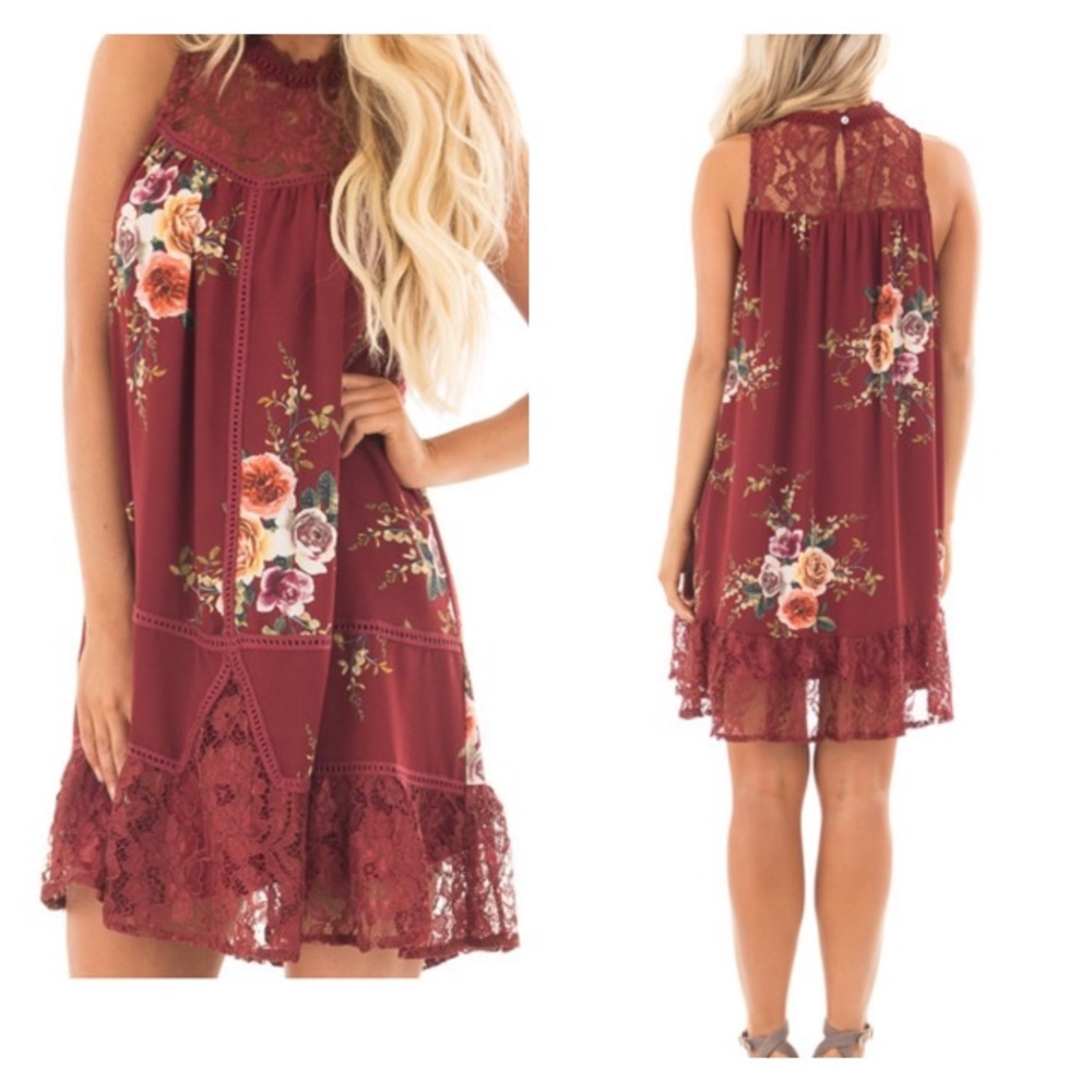 Last one! 🔷 Burgundy Floral Mock Neck Dress